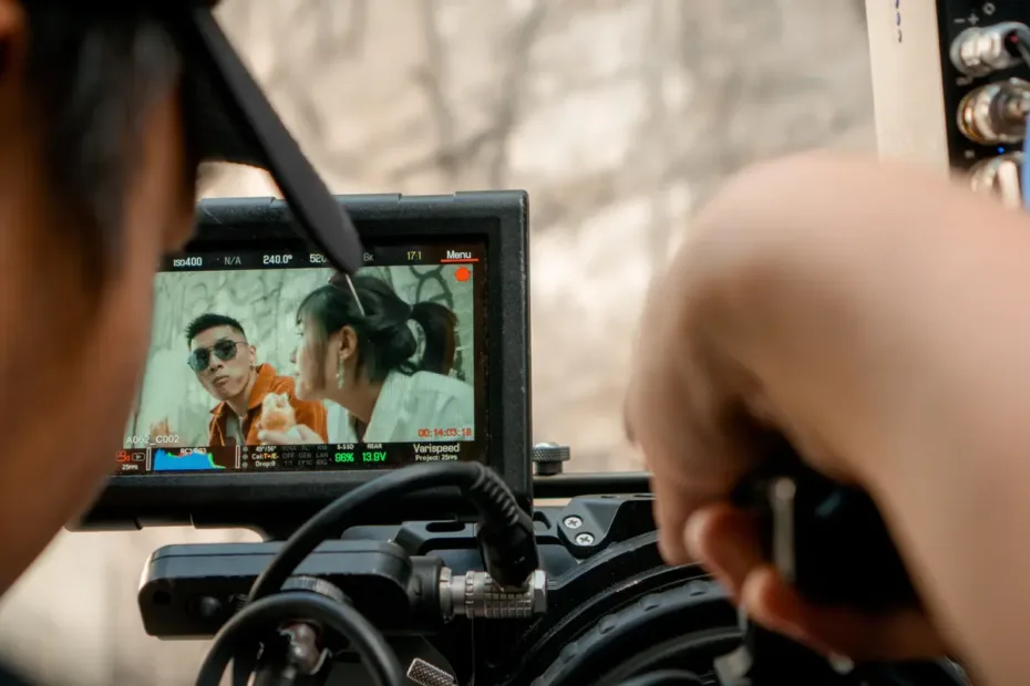 camera operator looking through view finder