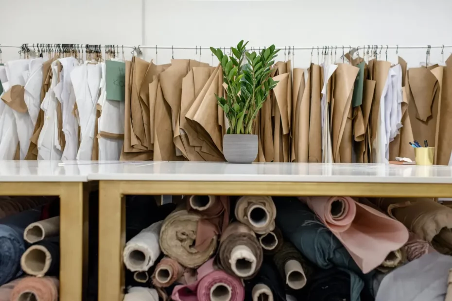 rolls of fabric under counter