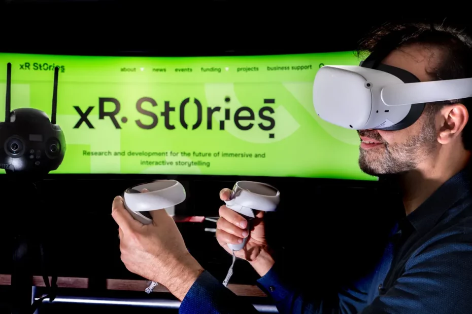 person with VR headset and hadn controllers
